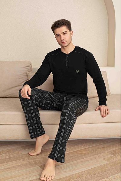 Tarık Men's 100% Cotton Half Button Smoked Long Sleeve Plaid Pattern Pajama Set