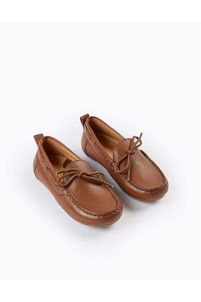 Ziddy Leather Lace-Up Moccasin Shoes for Boys, Brown