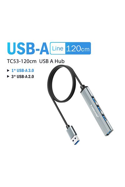 lemorele موزع USB-A - 120 سم، موزع USB من النوع C، موزع USB 3.0 OTG، موزع USB C/A، 4 منافذ، محول متعدد المنافذ، كمبيوتر محمول