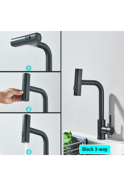 Choice صنبور مطبخ أسود مصقول/أسود G1/2، صنبور خلاط حوض شلال دوار قابل للسحب، مصقول