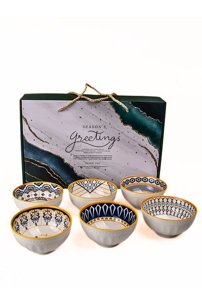 MUKKO HOME Set of 6 Patterned Porcelain Bowls 320 Ml, Soup, Breakfast, Snack Bowl Gift Boxed