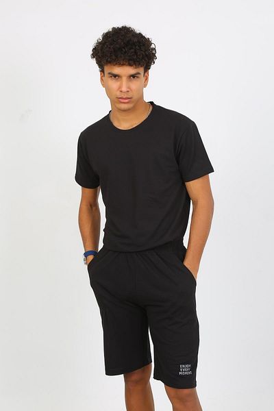 Akbeniz Men's Cotton Lacoste Bottom Top Capri Pajama Suit Black 6872