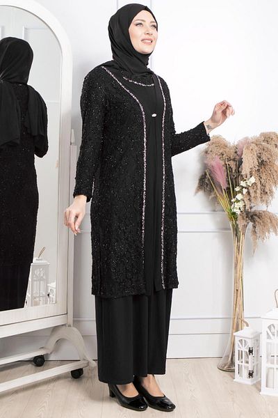 SUBU TASARIM Stone Embroidery Detailed Evening Dress Black Tbsmda2315
