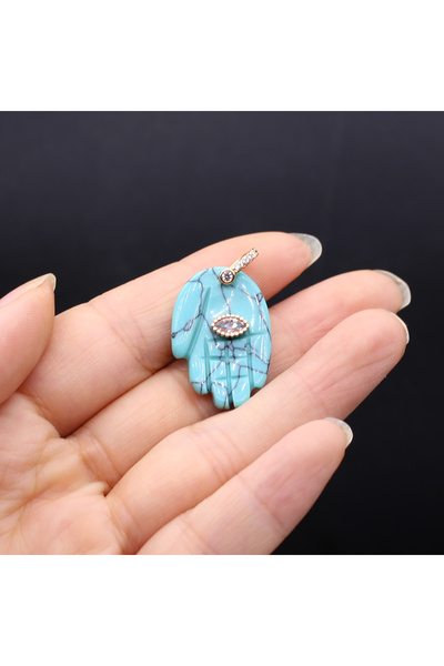 Choice قلادة من حجر الفيروز الأزرق الطبيعي مقاس 18 × 32 مم على شكل يد مع عين ...