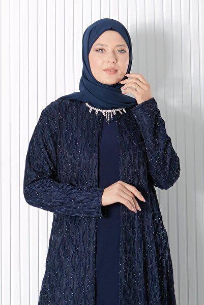 SUBU TASARIM Necklace Detailed Evening Dress Navy Blue Tbsmda2323