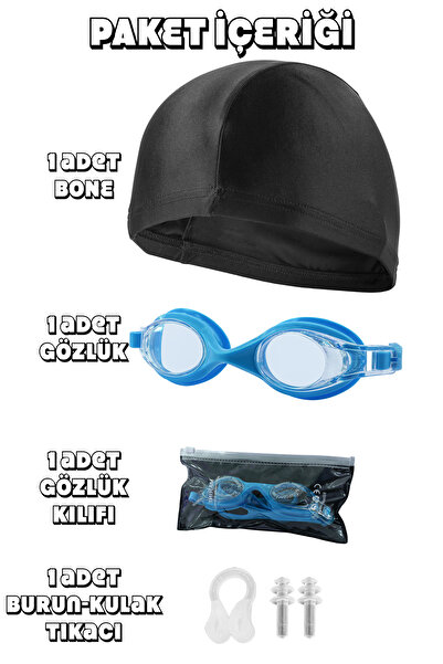 Telvesse 4lü Set Yüzücü Gözlüğü Kılıflı Kulak Burun Tıkaçlı Kumaş Bone Set Yüzme Havuz Deniz Gözlüğü Mavi