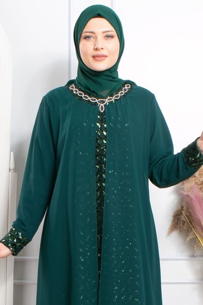 SUBU TASARIM Stone Embroidered Sequined Evening Dress Emerald Tbsmda2307