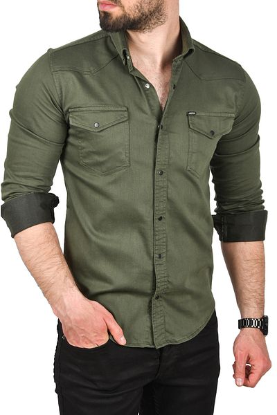 Rizz up Men's Khaki Double Pocket Snap Fastener Long Sleeve Denim Shirt 2502503
