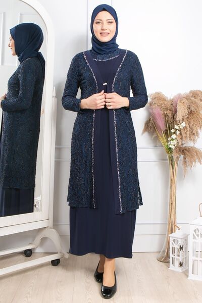 SUBU TASARIM Stone Embroidery Detailed Evening Dress Navy Blue Tbsmda2315