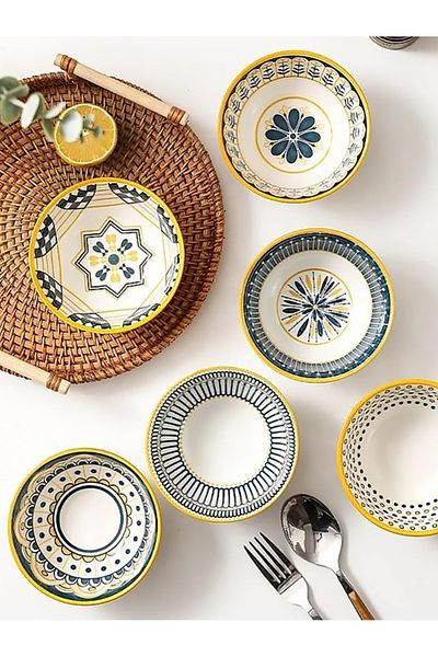 MUKKO HOME Set of 6 Patterned Porcelain Bowls 320 Ml, Soup, Breakfast, Snack Bowl Gift Boxed