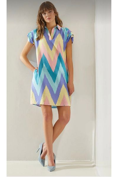 MODA Chirped Spring Summer Theme Pleat Low Arm ,Polo Collar Blue Pink Shades of Yellow Stylish Modern Dress