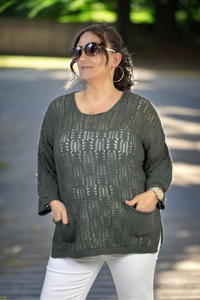 yagmurberen Crew Neck Slit Spanish Sleeve Openwork Double Pockets Italian Mercerized Large Size Blouse Sweater