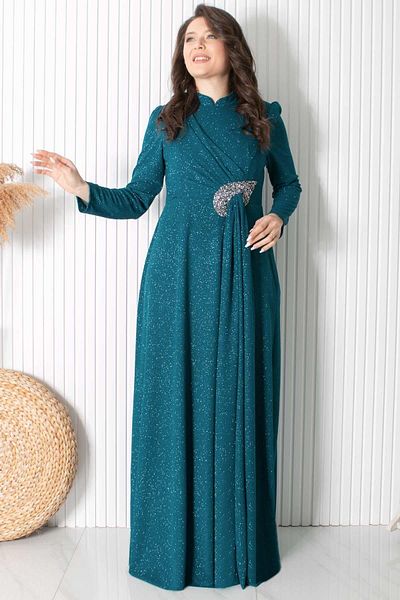 SUBU TASARIM Glitter Stone Print Detailed Evening Dress Petrol Tbsmda2430