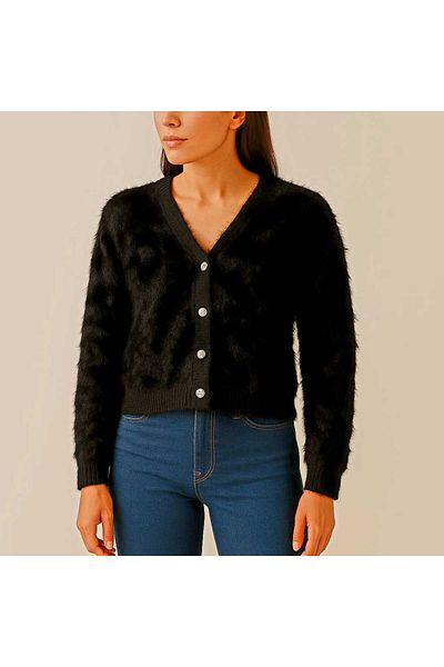 BUNCA Women's and Girls' Black Mohair V-Neck Cropped Jacket