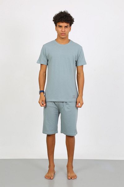 Akbeniz Men's Cotton Lacoste Bottom Top Capri Pajama Suit Water Green 6872