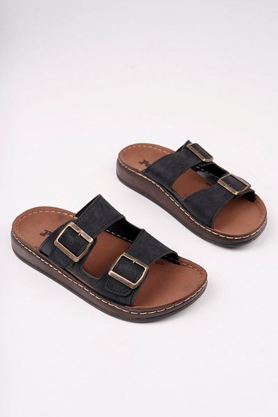 McDark Men's Black Faux Leather Double Buckle Orthopedic Slippers
