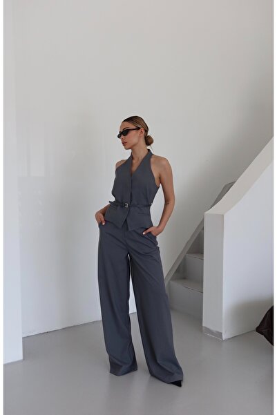 Laluvia Gri İnce Çizgili Kemer Detaylı Yelek Pantolon Takım - 9569