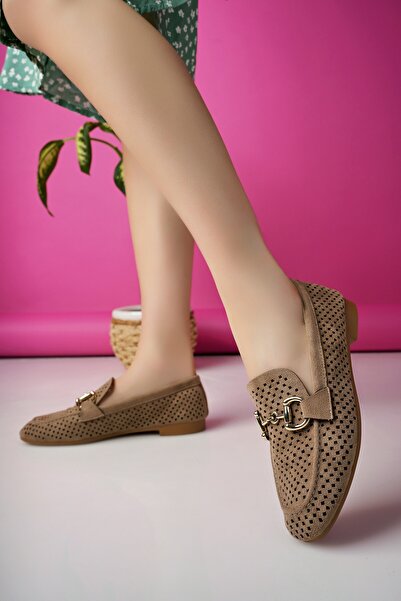 MUGGO Phuket Garantili Metal Tokalı Lazerli Nefes Alabilen Deri Kadın Loafer Günlük Ayakkabı