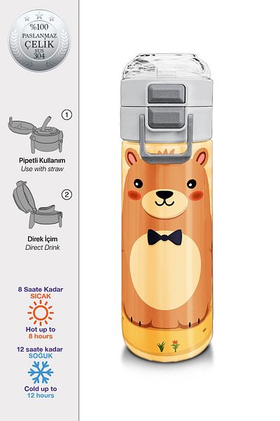 Coral High Kids Capybara Patterned Steel Thermos with Straw and Direct Drinking 500 ml 31793