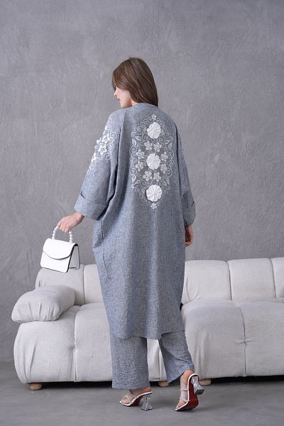 Miss Allos Women's Back and Sleeves Embroidered Flower and Pearl Decorated Linen Kimono Cardigan and Pants Bottom Top Set