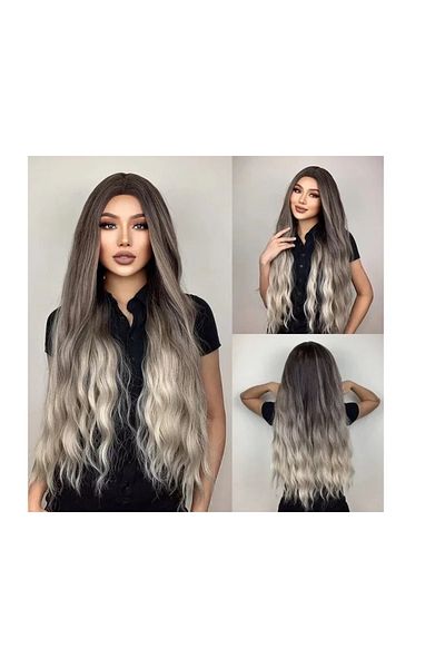 animis beauty Long wig Ombre Satin Gray, wavy, synthetic fiber with natural appearance, without bangs, 80 cm