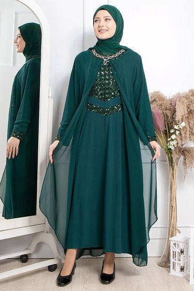 SUBU TASARIM Stone Embroidery Detailed Sequined Dress Emerald Tbsmda2301