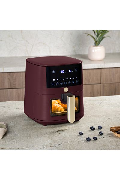 Berlinger Haus Friteuză cu aer BerlingerHaus - Colecția Leonardo, 5L, Digitală, LED, 1400W, Burgundia, Fereastră