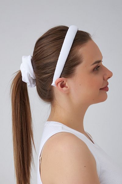 Modex Towel Fabric Plain Spa Makeup Women Crown 1Pcs Rubber Buckle Set