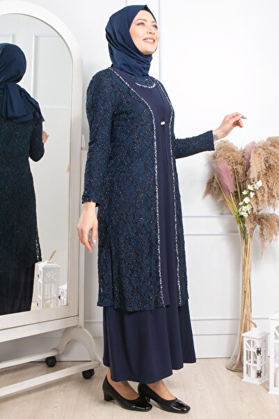 SUBU TASARIM Stone Embroidery Detailed Evening Dress Navy Blue Tbsmda2315