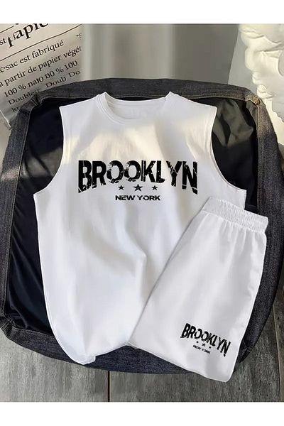 LOUİSA Boy's White Zero Sleeve Brooklyn Printed Shorts-T-Shirt Set (White-White)