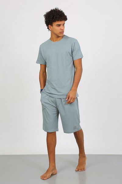 Akbeniz Men's Cotton Lacoste Bottom Top Capri Pajama Suit Water Green 6872