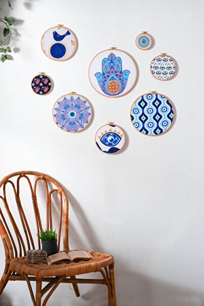 Montisu ; 8 parça ahşap çerçeveli, çivisiz montaj, Nazar Boncuk, hediye, duva...