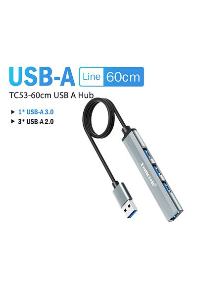 lemorele موزع USB-A - 60 سم، موزع USB من النوع C، موزع USB 3.0 OTG، موزع USB C/A، 4 منافذ، محول متعدد المنافذ، كمبيوتر محمول