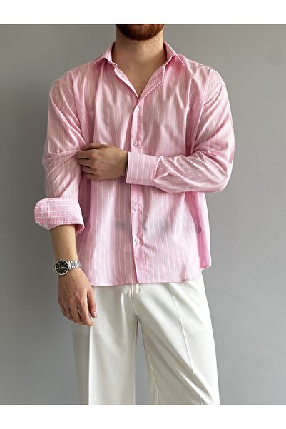MENOFOURSWEAR Pembe Çizgi Detaylı Oversize Gömlek