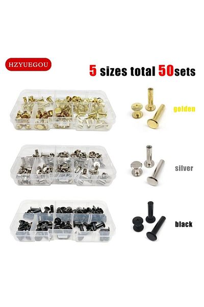 Choice Golden 50 Sets 50 Set Rivet Chicago Screw Post Binding Nail Mix Size Kit Box For Leather Bag Belt St