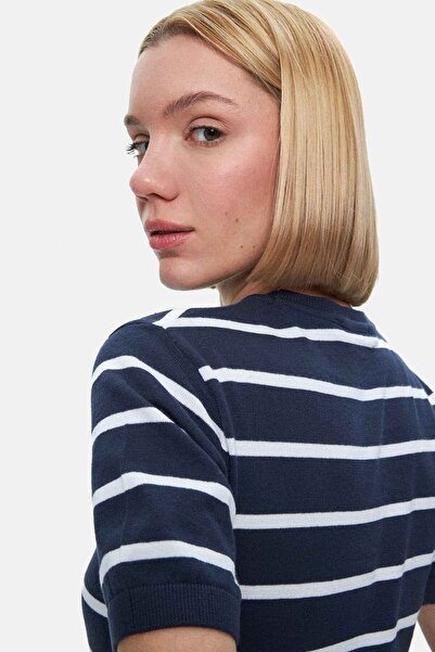 UCLA Misha Navy Blue Striped Crew Neck Knitwear Embroidered Standard Fit Women's Tshirt