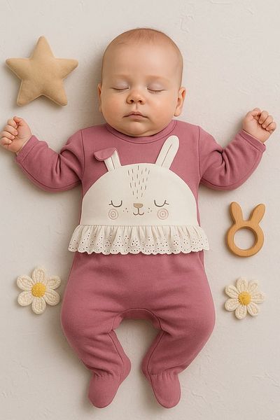 Babydonat Rabbit Embroidered Laced 100% Cotton Jumpsuit for Baby Girl