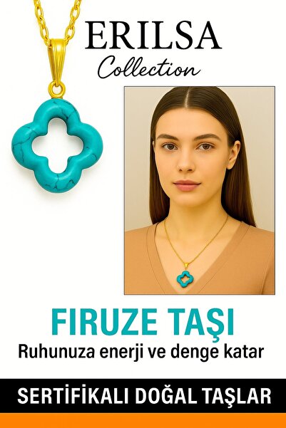 Erilsa Sertifikalı Gold Yonca Model Firuze Turkuaz Taşı Kolye
