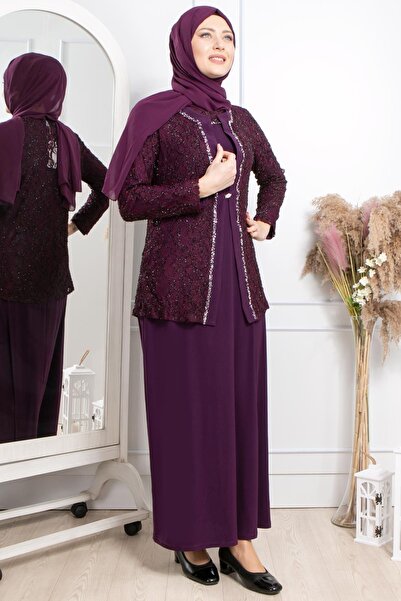 SUBU TASARIM Stone Embroidery Detailed Glitter Evening Dress Plum Tbsmda2317