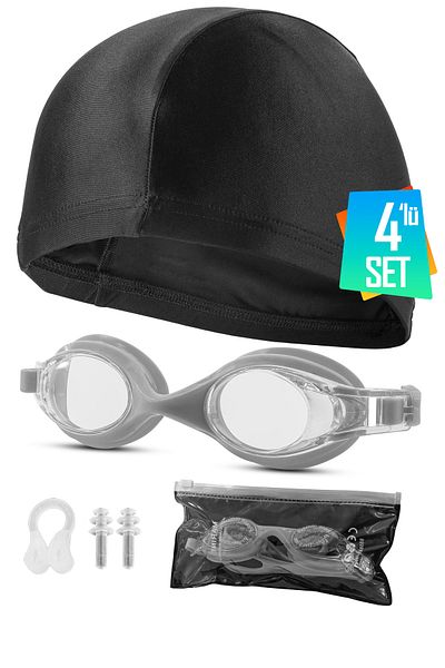 Set of 4 Swimming Goggles with Case Ear Nose Plugs Fabric Cap Set Swimming Pool Sea Goggles Gray