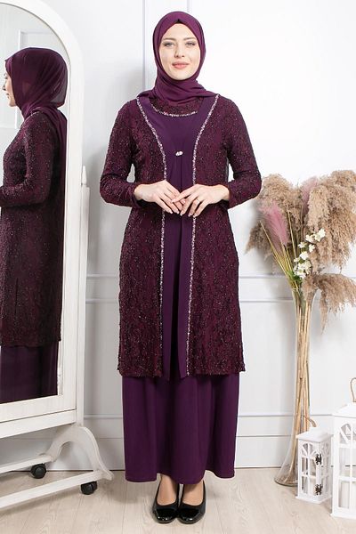 SUBU TASARIM Stone Embroidery Detailed Evening Dress Plum Tbsmda2315