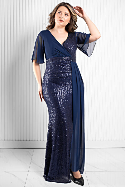 DENİMİNİ Şifon Pul Payet Detaylı Büyük Beden Abiye Elbise DNM364