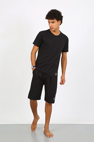 Akbeniz Men's Cotton Lacoste Bottom Top Capri Pajama Suit Black 6872