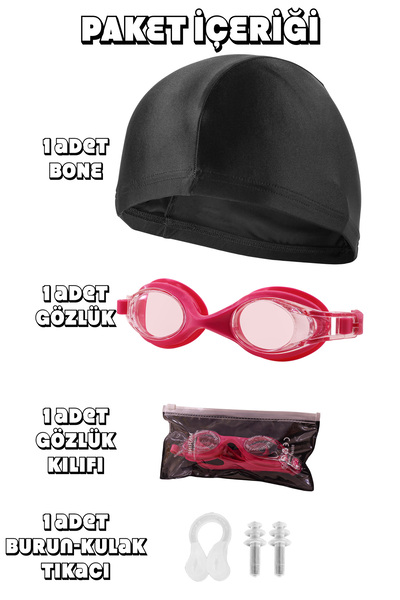 Telvesse Set of 4 Swimming Goggles with Case Ear Nose Plugs Fabric Cap Set Swimming Pool Sea Goggles Pink