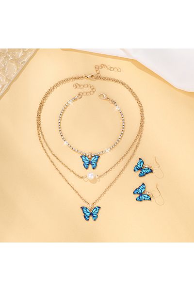 Choice Blue 5 Piece Women's Bracelet, Ring, Earring, Necklace, Fashionable Jewelry Set, Trendy Butterfly Pa