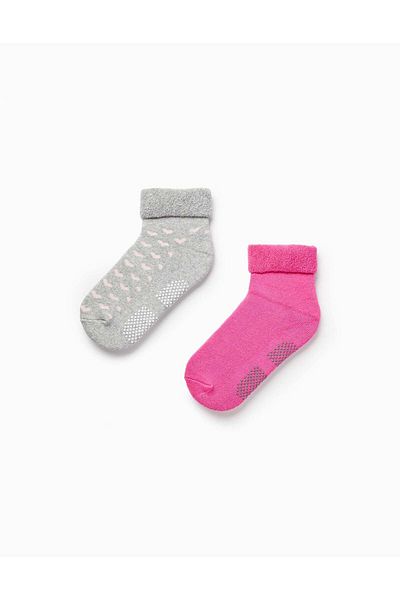 Ziddy Pack of 2 Pairs of Thick Non-Slip Socks for Girls, Grey/Pink