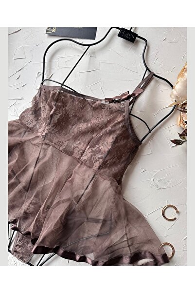 İntive Lingerie Νυχτικό Moongirl Brown Ultra Mini με έναν ώμο από τούλι