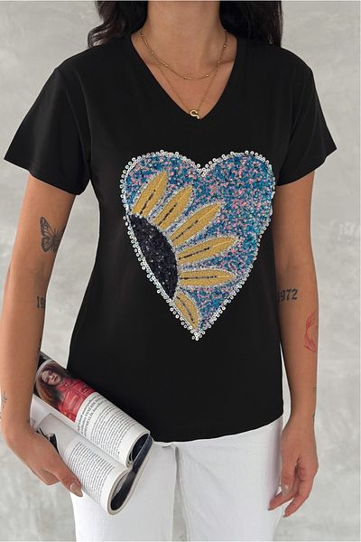 FEMELLE Tricou de damă, negru, cu decolteu în V, cu paiete și broderie, brodat, 100% bumbac