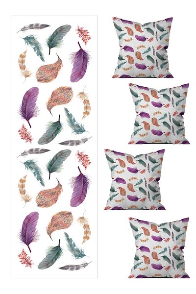 LadiesHome Summer Special Leaf Design Runner and 4-Piece Throw Pillow Cover Set 5 Pieces (140X40) (43X43 cm)