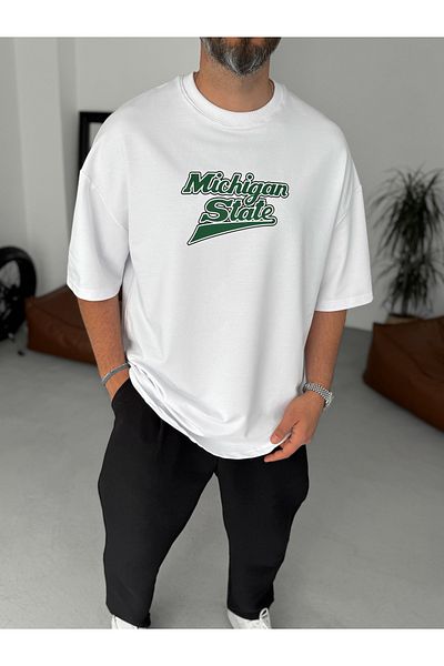 BYBASICMAN White Michigan State Printed Two Thread T-Shirt By-065
